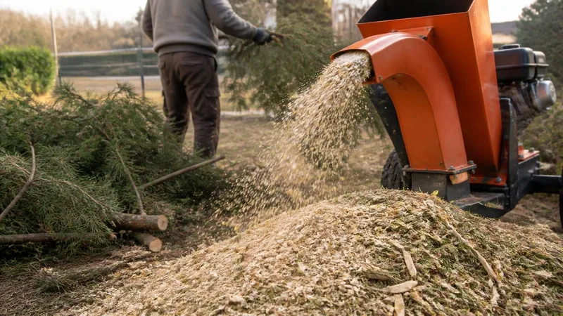 Broyeur de végétaux transformant des branches de pin en paillage