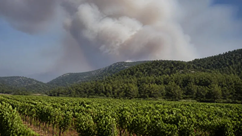 Fumée d'un feu de forêt au-dessus d'une colline boisée du Var